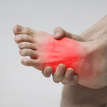 Pain in foot. Massage of male feet. Red inflamed zone, panorama with free space